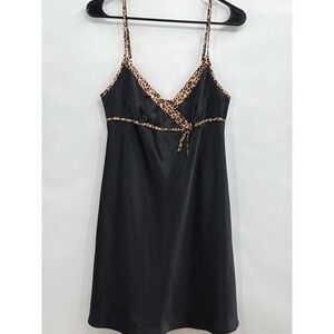 Morgan‎ Taylor Intimates Black Satin Leopard Trim Chemise Nightgown Medium